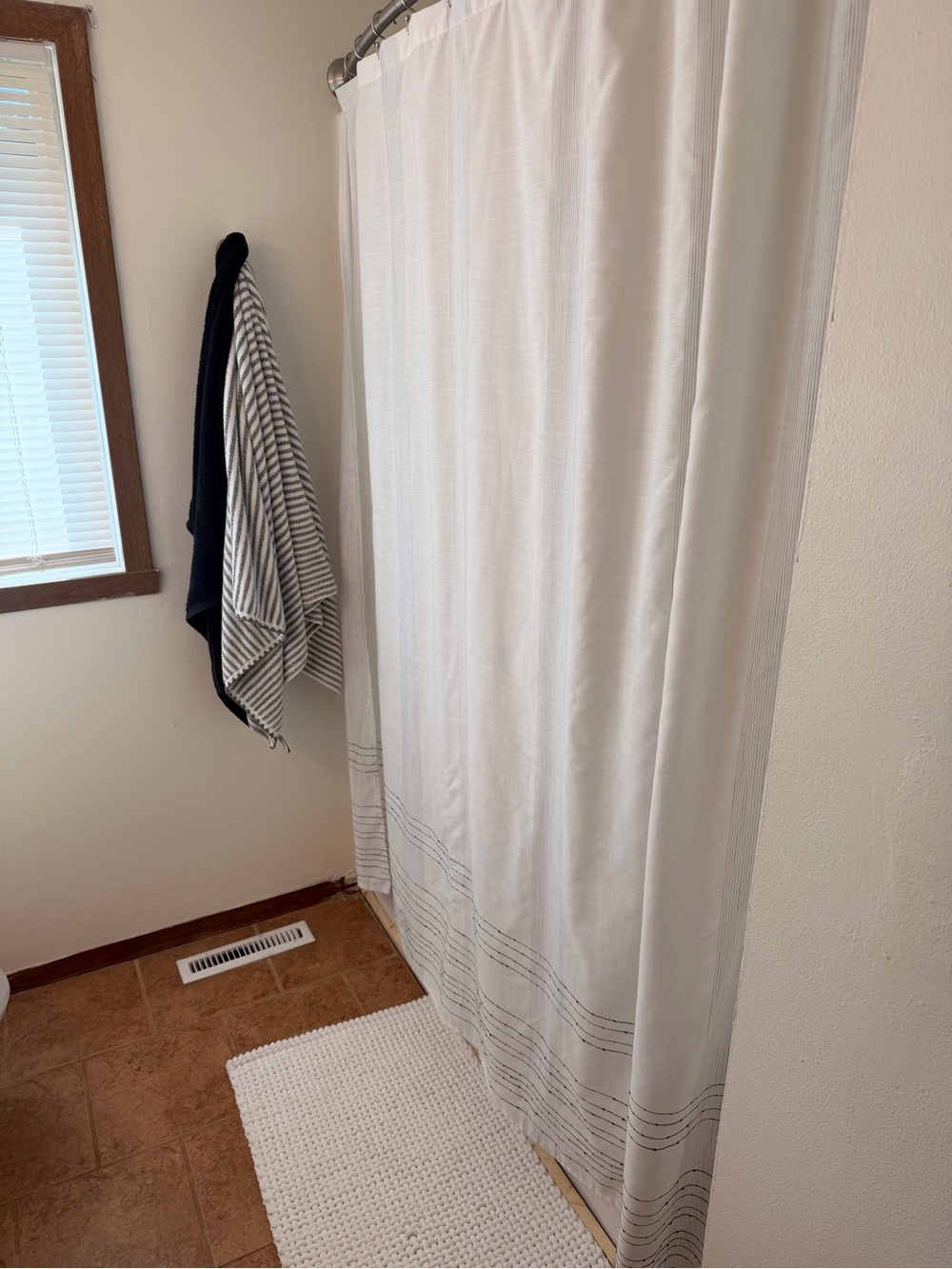 Hearth & Hand White Shower Curtain with Thin Navy Pinstripes